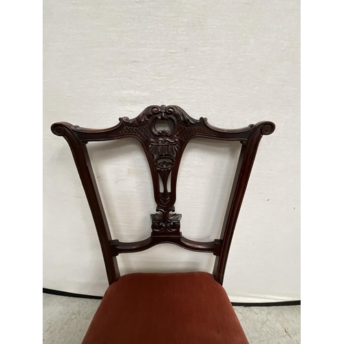 174 - EDWARDIAN MAHOGANY NURSING CHAIR WITH UPHOLSTERED SEAT ON ORIGINAL BRASS CASTORS - SEAT HEIGHT 13