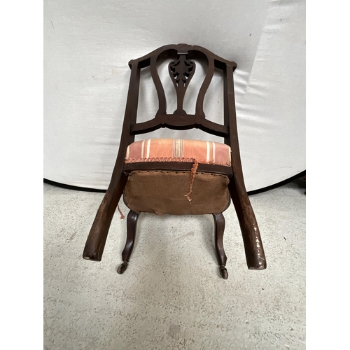 175 - VICTORIAN MAHOGANY NURSING CHAIR WITH UPHOLSTERED SEAT ON ORIGINAL CHINA & BRASS CASTORS - SEAT HEIG... 