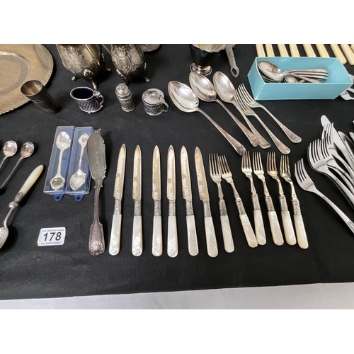 178 - BOX OF SILVER PLATED ITEMS, CUTLERY ETC