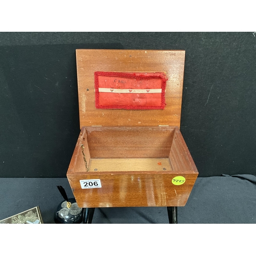 206 - RETRO SEWING BOX WITH COSTUME JEWELLERY ETC AND JEWELLERY BOX