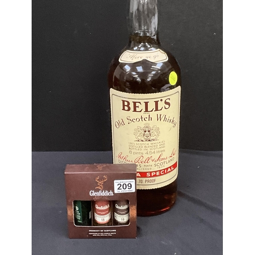 209 - VINTAGE BELLS WHISKY 8 PINTS 70% PROOF AND 3 GLENFIDDICH MINIATURES