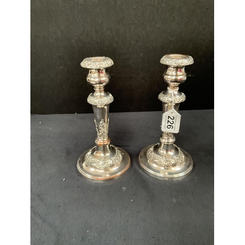 226 - PAIR OF GOOD QUALITY SILVER PLATE ON COPPER CANDLESTICKS H9