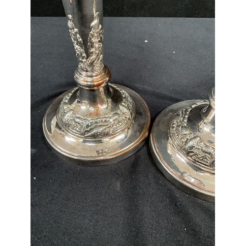 226 - PAIR OF GOOD QUALITY SILVER PLATE ON COPPER CANDLESTICKS H9