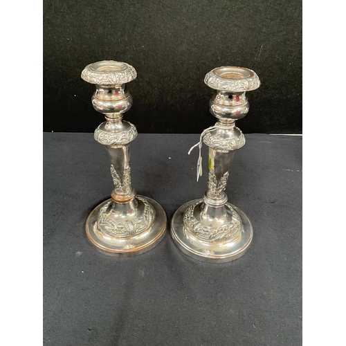 226 - PAIR OF GOOD QUALITY SILVER PLATE ON COPPER CANDLESTICKS H9