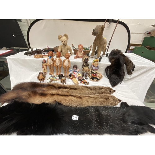 271 - *******lot withdrawn by vendor******2 BOXES OF FUR STOALS, OLD DOLLS , TEDDY BEAR PUSH A LONG DOG (I... 