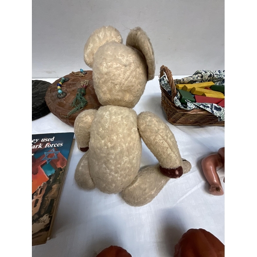 271 - *******lot withdrawn by vendor******2 BOXES OF FUR STOALS, OLD DOLLS , TEDDY BEAR PUSH A LONG DOG (I... 