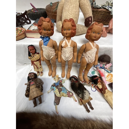 271 - *******lot withdrawn by vendor******2 BOXES OF FUR STOALS, OLD DOLLS , TEDDY BEAR PUSH A LONG DOG (I... 