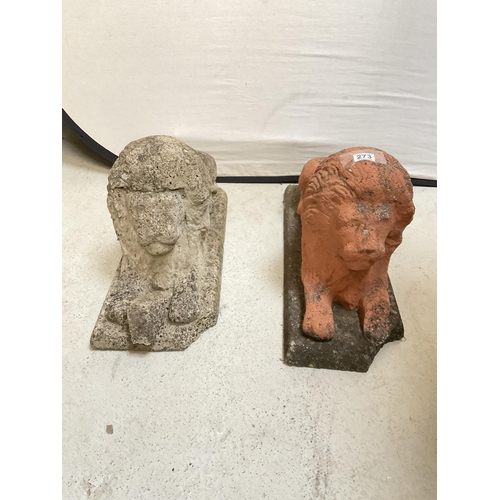 273 - PAIR OF CONCRETE GARDEN LION STATUES A/F H14