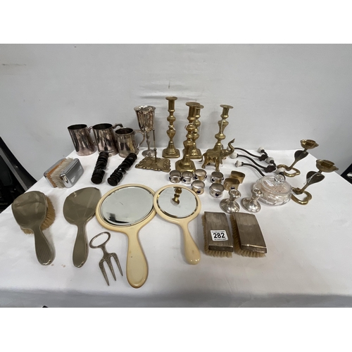 282 - *******lot withdrawn by vendor******BOX OF SILVER PLATED AND BRASS ITEMS TO INCLUDE JACKY DIAMOND CA... 