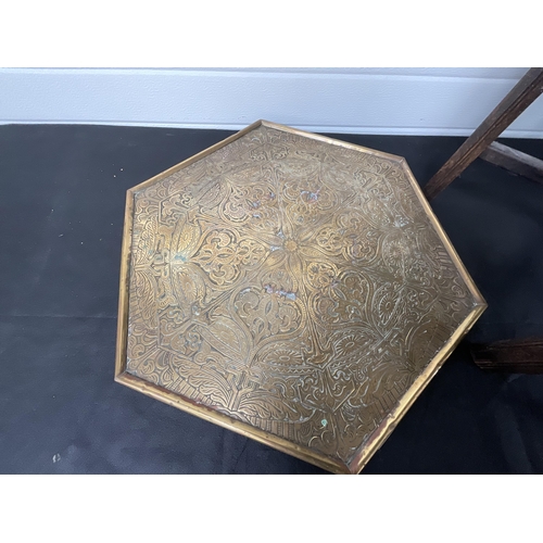 285 - *******lot withdrawn by vendor******2 BRASS TOPPED FOLDING TABLES AND A BRASS PLAQUE H23