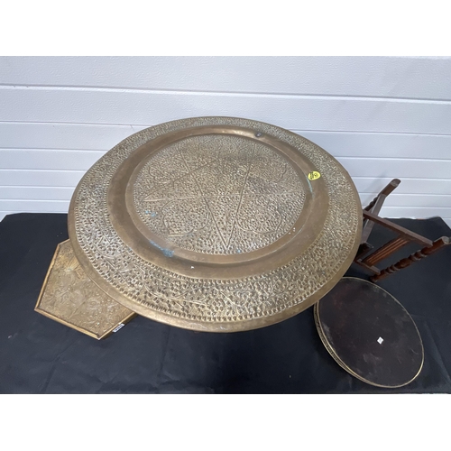 285 - *******lot withdrawn by vendor******2 BRASS TOPPED FOLDING TABLES AND A BRASS PLAQUE H23