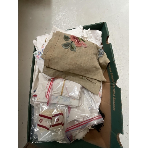 287 - *******lot withdrawn by vendor******4 BOXES OF VINTAGE LINEN, LACE AND EMBROIDERED ITEMS, QUILTS, CU... 