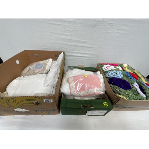 295 - *******lot withdrawn by vendor******3 BOXES OF VINTAGE LINEN LACE, EMBROIDERED ITEMS AND CROCHET BLA... 