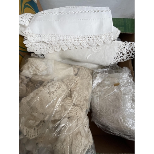 295 - *******lot withdrawn by vendor******3 BOXES OF VINTAGE LINEN LACE, EMBROIDERED ITEMS AND CROCHET BLA... 