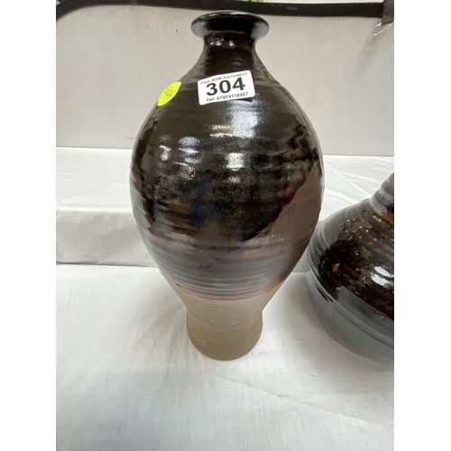 304 - 2 ART POTTERY GLAZED VASES THE SMALLER H13