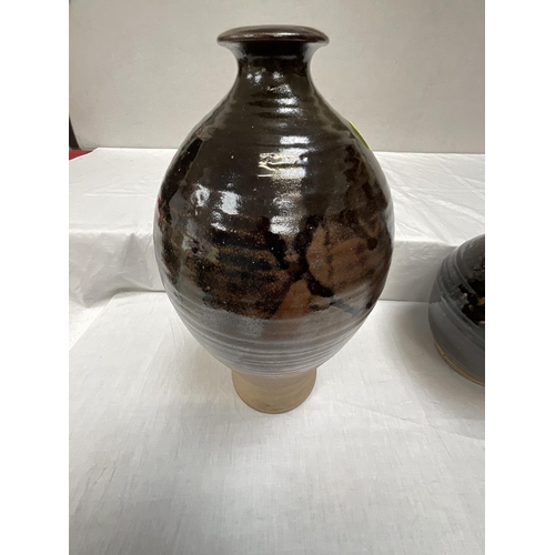 304 - 2 ART POTTERY GLAZED VASES THE SMALLER H13