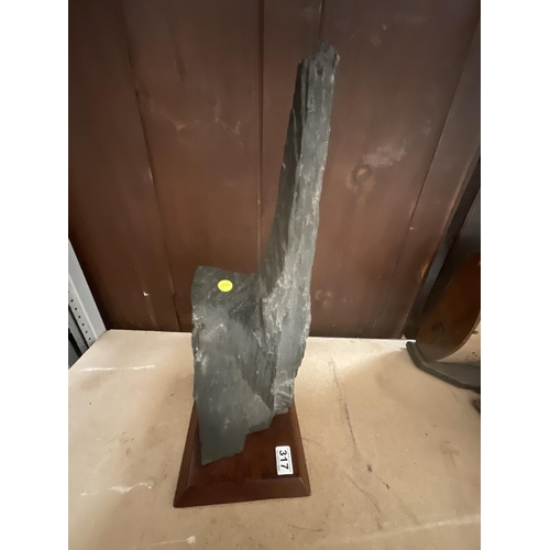 317 - WELSH SLATE MOUNTED ON MAHOGANY BASE - SLATE H23