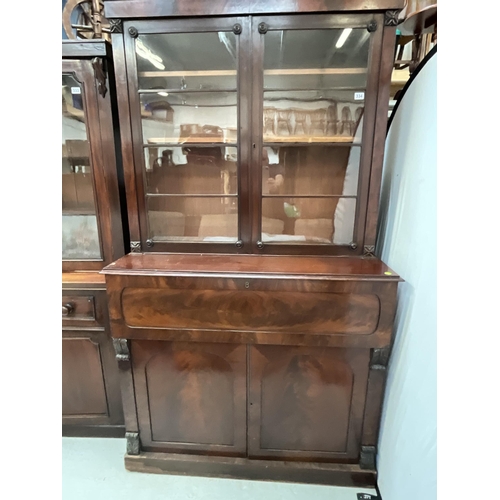 334 - VICTORAIN MAHOGANY SECRETAIRE BOOKCASE WITH 2 GLASS DOORS TO TOP CENTRAL FITTED DRAWER AND 2 DOORS T... 