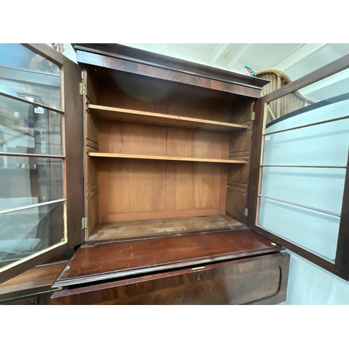 334 - VICTORAIN MAHOGANY SECRETAIRE BOOKCASE WITH 2 GLASS DOORS TO TOP CENTRAL FITTED DRAWER AND 2 DOORS T... 