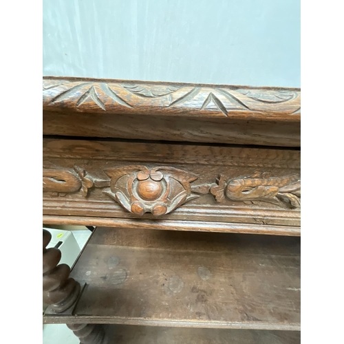 348 - *******lot withdrawn by vendor******VICTORAIN OAK DUMB WAITER WITH 2 CARVED DRAWERS OVER OPEN SHELVE... 