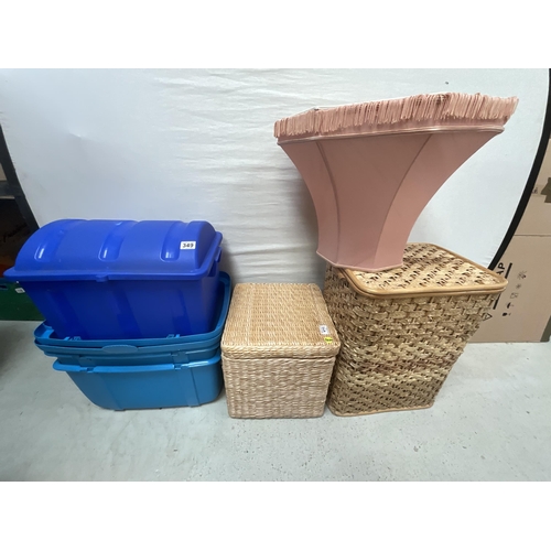 349 - 2 WICKER BASKETS LAMP SHADE AND 2 PLASTIC BOXES