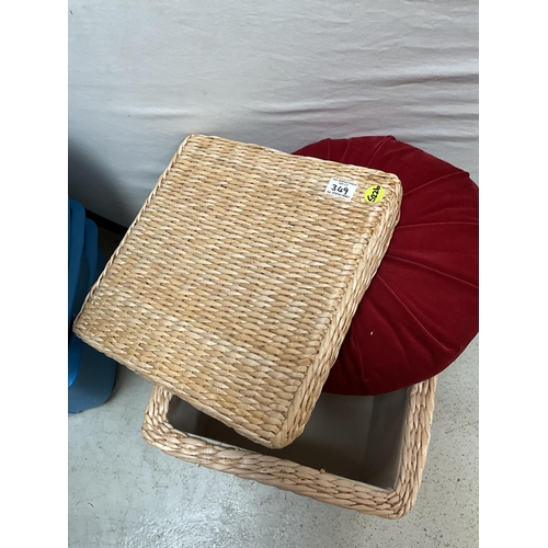 349 - 2 WICKER BASKETS LAMP SHADE AND 2 PLASTIC BOXES