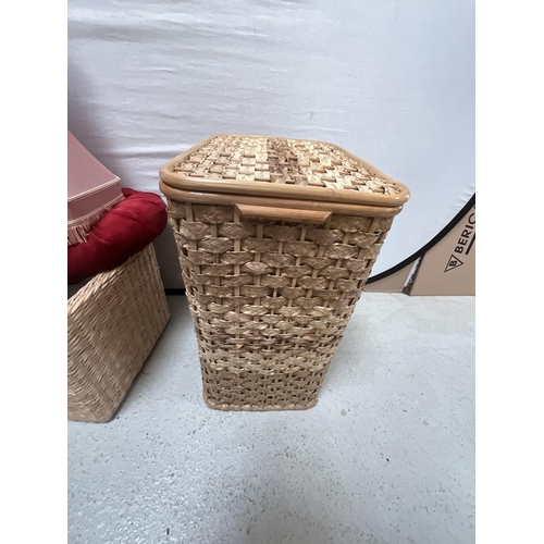 349 - 2 WICKER BASKETS LAMP SHADE AND 2 PLASTIC BOXES