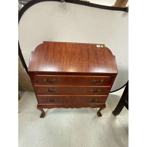 388 - GOOD QUALITY MAHOGANY BUREAU WITH FITTED INTERIOR AND 3 DRAWERS ON BALL AND CLAW LEGS H42