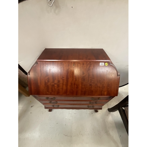 388 - GOOD QUALITY MAHOGANY BUREAU WITH FITTED INTERIOR AND 3 DRAWERS ON BALL AND CLAW LEGS H42