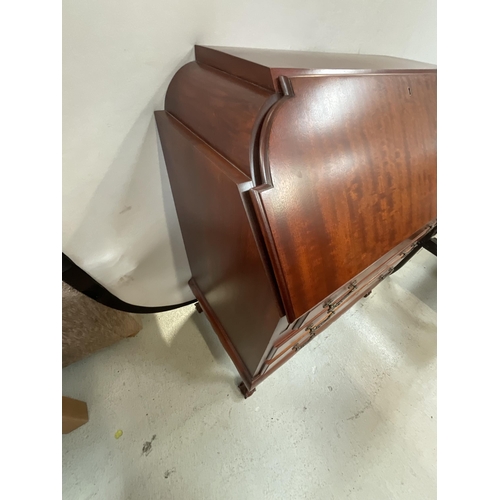 388 - GOOD QUALITY MAHOGANY BUREAU WITH FITTED INTERIOR AND 3 DRAWERS ON BALL AND CLAW LEGS H42