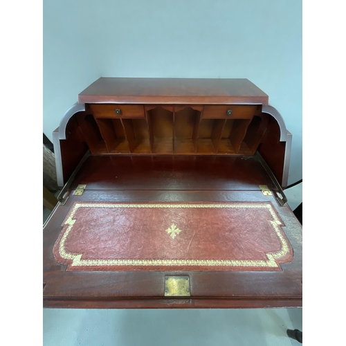 388 - GOOD QUALITY MAHOGANY BUREAU WITH FITTED INTERIOR AND 3 DRAWERS ON BALL AND CLAW LEGS H42