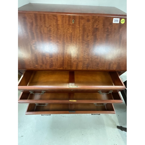 388 - GOOD QUALITY MAHOGANY BUREAU WITH FITTED INTERIOR AND 3 DRAWERS ON BALL AND CLAW LEGS H42