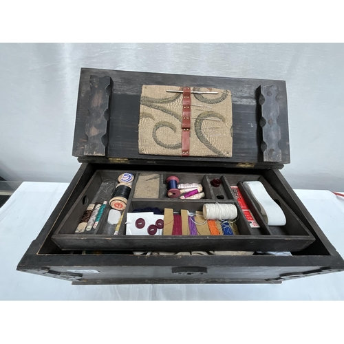 411 - VINTAGE FITTED SEWING BOX AND CONTENTS H7