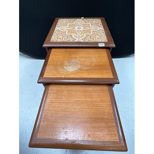 416 - VINTAGE BADGED G PLAN TEAK NEST OF 3 TABLES -LARGEST WITH TILED TOP H20