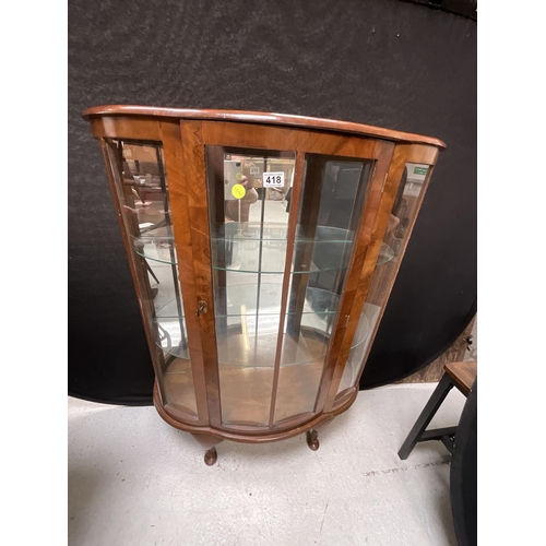 418 - VINTAGE WALNUT VENEERED BOW FRONT DISPLAY CABINET COMPLETE WITH KEY H45