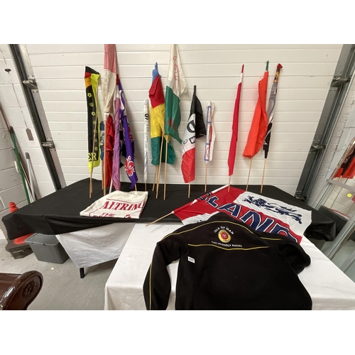 429 - COLLECTION OF FOOTBALL FLAGS AND A TT ISLE OF MAN FLEECE JACKET - LARGE FLAG 57