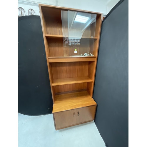 442 - BADGED G PLAN TEAK WALL CABINET WITH GLASS SLIDING DOORS TO OPEN SHELVES BELOW AND BASE WITH 2 DOORS... 