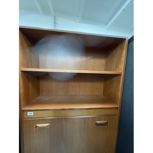 445 - BADGED G PLAN TEAK WALL CABINET WITH OPEN SHELVES TO DRINKS CABINET BELOW AND BASE WITH 2 DOORS H78