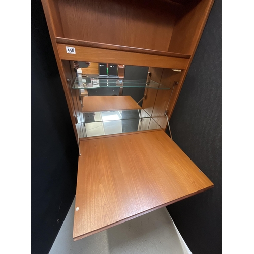 445 - BADGED G PLAN TEAK WALL CABINET WITH OPEN SHELVES TO DRINKS CABINET BELOW AND BASE WITH 2 DOORS H78