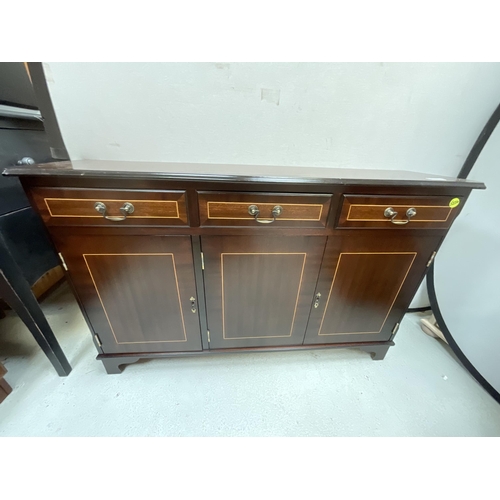 447 - REPRODUCTION MAHOGANY SIDEBOARD WITH 3 DRAWERS OVER 3 DOORS COMPLETE WITH KEYS H29