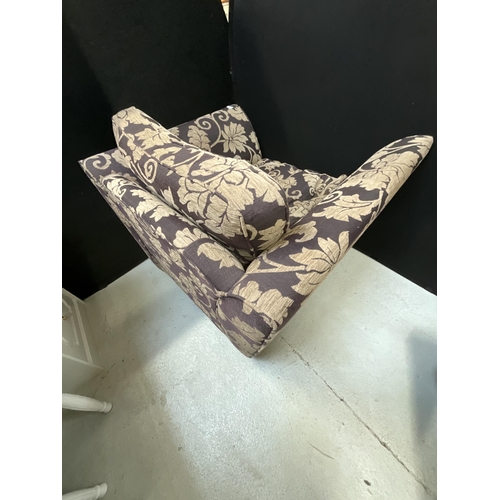 459 - MODERN UPHOLSTERED PURPLE PATTERNED ARM CHAIR AND MATCHING FOOT STOOL