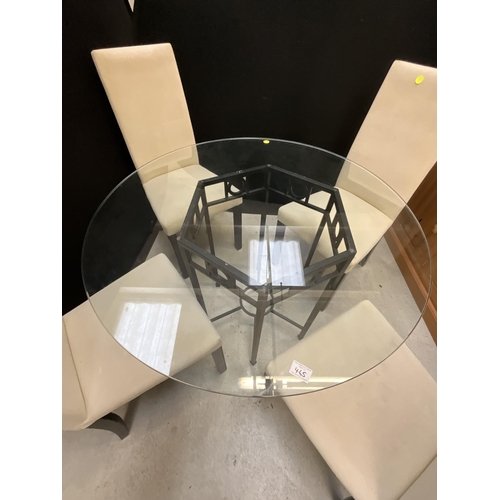 465 - MODERN CIRCULAR GLASS TOPPED TABLE AND 4 MATCHING CHAIRS - TABLE H29