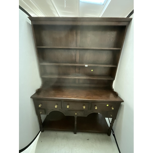 469 - DARK OAK DRESSER WITH RACK BASE WITH 6 DRAWERS AND POT BOARD SHELF H77