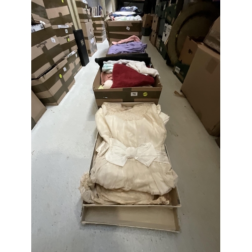 79 - 3 BOXES OF TOWELS, MATERIAL, VINTAGE WEDDING DRESS ETC