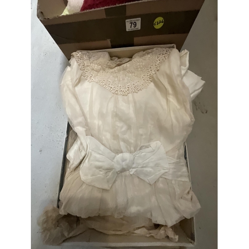 79 - 3 BOXES OF TOWELS, MATERIAL, VINTAGE WEDDING DRESS ETC