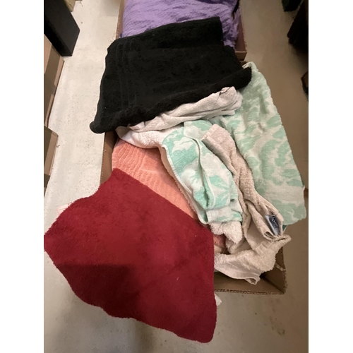 79 - 3 BOXES OF TOWELS, MATERIAL, VINTAGE WEDDING DRESS ETC