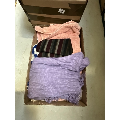 79 - 3 BOXES OF TOWELS, MATERIAL, VINTAGE WEDDING DRESS ETC