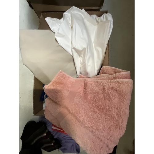 79 - 3 BOXES OF TOWELS, MATERIAL, VINTAGE WEDDING DRESS ETC