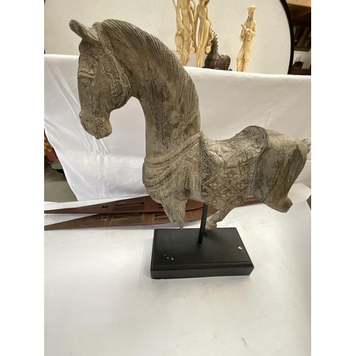 84 - *******lot withdrawn by vendor******BOX OF ORIENTAL ITEMS TO INCLUDE CARVED WOODEN HORSES, SOAP STON... 