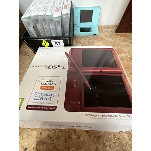 87 - NINTENDO DS XL IN BOX, VINTAGE NINTENDO DS AND QTY OF GAMES